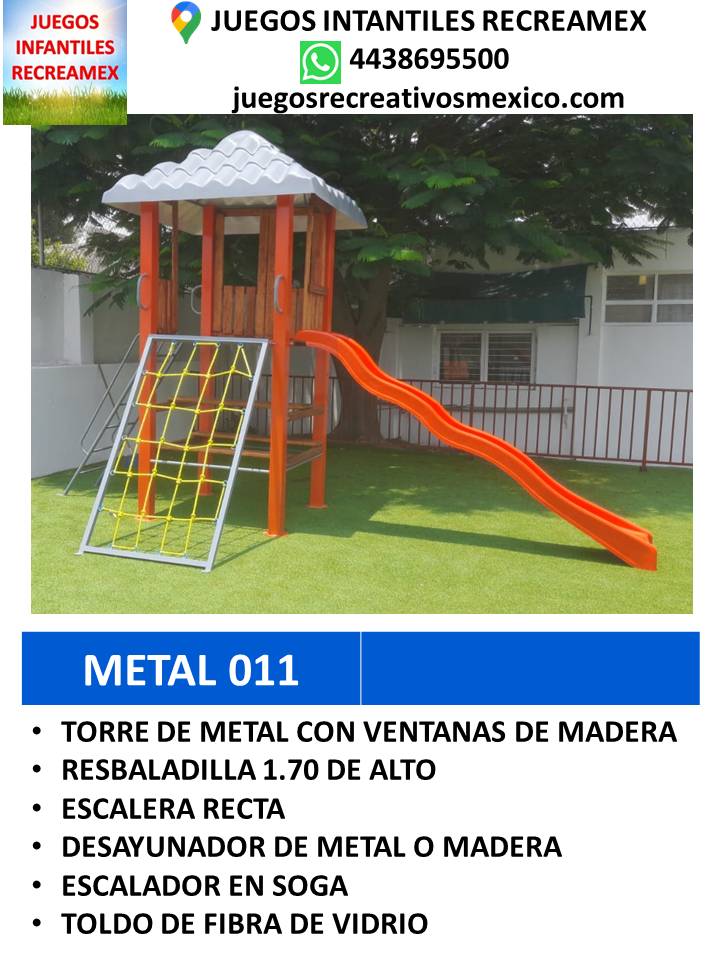 modulo de metal con desayunador, resbaladilla, escalera en soga